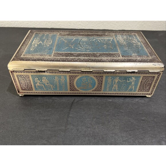 Vintage Metal Wood Lined Box Jewelry Trinket Keepsakes W Lid Egyptian 9.5”x5” - Picture 9 of 16